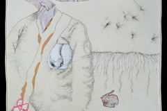 Sí, se puede (Yes, we can),  2025, hand-stitched human hair, specialty fabric, machine sewn thread, hand-sewn thread, yellow ochre pastel, tan felt, crochet piece, 32” x 58”, Photography by Mariah Richstone