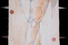 Jane Marches #1, 2020, hand-sewn human hair, watercolor washes, fabric, thread & appliques on unprimed & unstretched canvas, 60\" x 36\"