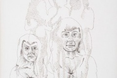 Jiggle, Jiggle, Jiggle, 2013, hand-sewn human hair on canvas, 13\" x 13\"