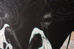 Graces, Nalgonas, Marias, 2022-2023, hand-sewn human gray hair, specialty fabric with thread on black twill fabric, 34” x 38” x 2 ¼”, Image courtesy of form & concept. Photography by Byron Flesher. 