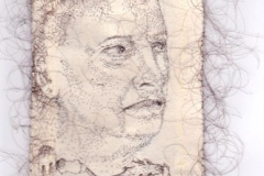 Icky Thump, 2011, hand-sewn human hair on canvas, 8\" x 6\"