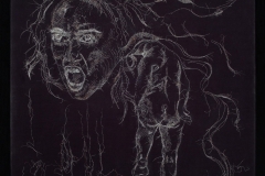 What You Whispered, Should be Screamed, 2018, hand-sewn gray human hair on black twill fabric, 35\" x 33\"