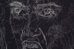 Detail, What You Whispered, Should be Screamed, 2018, hand-sewn gray human hair on black twill fabric, 35\" x 33\"