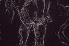 Detail, What You Whispered, Should be Screamed, 2018, hand-sewn gray human hair on black twill fabric, 35\" x 33\"