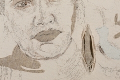 Dreamer, 2025, hand-stitched human hair, felt, fabric, thread on unprimed canvas, 27.5" x 41.25" — Photography by Mariah Richstone